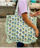 Vintage Floral Quilted Large Ruffle Tote Bag Handprinted Boho Shopper Ma... - $42.77 CAD