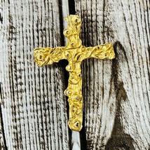 Vtg Gold Tone Cross Pin Vine Lapel Brooch Christian Religious Filigree Floral - £16.06 GBP
