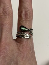 Sterling Silver Abalone Feather Bypass Ring Size 8.25 Adjustable - £17.57 GBP