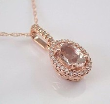 2.50Ct Oval Cut Lab-Created Morganite Halo Pendant 14k Rose Gold Plated Silver - £96.37 GBP