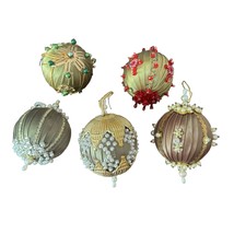 Vintage Satin &amp; Beaded Christmas Ornaments Set Of 5 Beaded Retro Holiday Decor G - £31.35 GBP