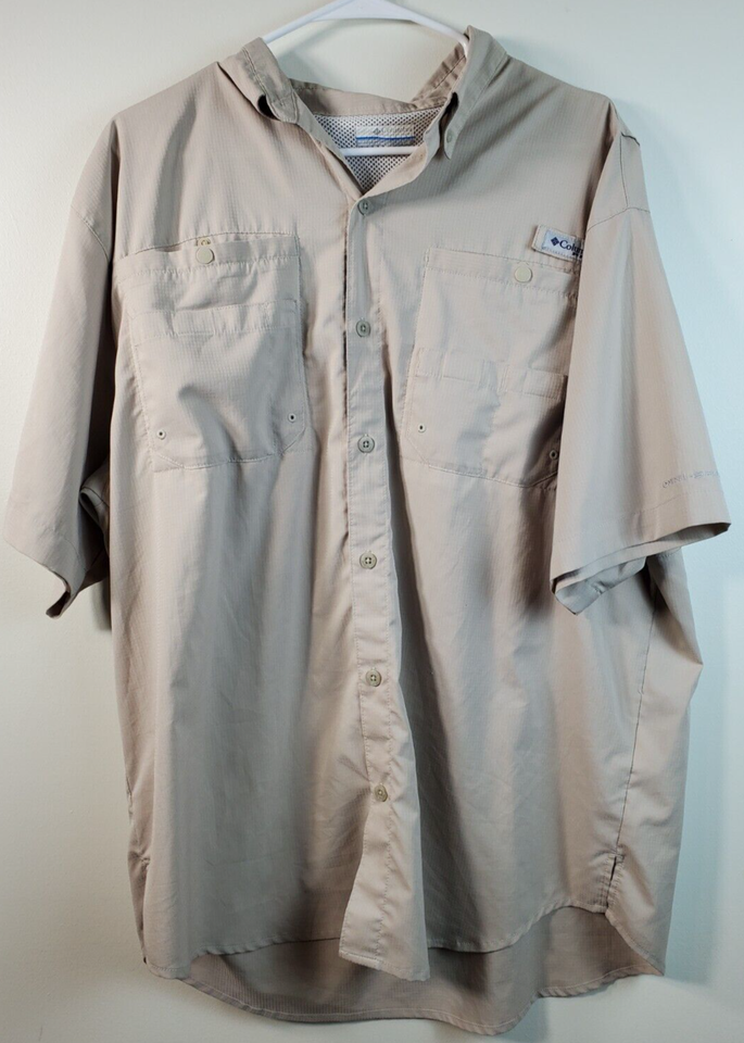 Primary image for Columbia PFG Shirt Size L Men's Omni-Shade Beige Collared Short Sleeve Button-Up