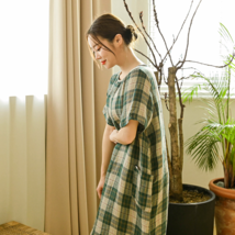 Side Pocket Check Short Sleeve Linen Dress - $76.00