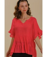New UMGEE M Strawberry Mandarin Collar V Neck Bell Ruffle Sleeve Tiered Top - $21.00