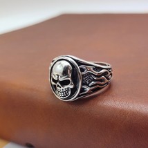 Men&#39;s Vintage Punk Gothic Skull Head Fire 925 Sterling Silver Adjustable Ring - £103.27 GBP