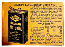 1917 Miller&#39;s Pan American Motor Oil Advertisement Chas Miller Automobil... - $19.99