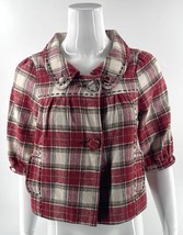 Lulumari Womens Cropped Jacket Coat Size Medium Red Cream Plaid Flannel - $27.72