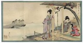 Japan woodblock triptych print-Geisha enjoy Biwa Lake - $350.00