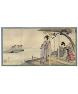 Japan woodblock triptych print-Geisha enjoy Biwa Lake - £273.64 GBP