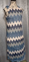 Tacera Knit Dress Lined Med Turquoise blue gray &amp; Tan Zig Zag Spring Design - £11.03 GBP