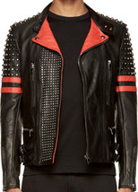 New Men Nikolai Back Red Half Silver Studded Jacket, Stripe Biker Leather Jacket - £115.09 GBP