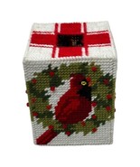Tissue Box Cover Plastic Needlepoint Yarn Red Birds Cardinal Wreath Chri... - $9.50