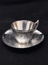 James W Tufts Silver Plated Cup &amp; Saucer 1372 w/ Floral Decoration - $47.49