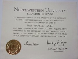 Vintage Northwestern University Chicago Depolma for Master Of Arts 1946 - $94.84 MXN