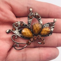 Butterfly w/ Amber Rhinestone Brooch Pin 2.25&quot; x 2.25&quot;  - £9.74 GBP