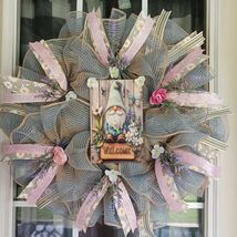 Spring Gnome Floral Wreath  Pink Rose Rustic Door Decor  24x4 - $57.99