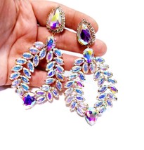 Rhinestone CLIP ON Earrings, Oversized Chandelier Earrings, AB Drop Pageant Earr - £35.15 GBP