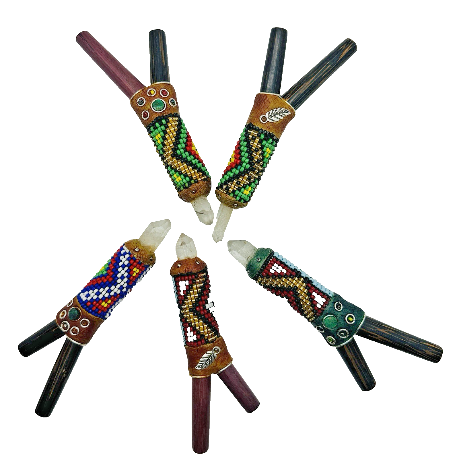 Kuripe Pipe with Glass Seed Beads, Chrysocolla and Clear Quartz | Chonta... - $37.05