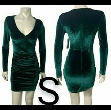 Emerald Green Velvet Long Sleeve Ruched Mini Dress~ SIZE S - £25.41 GBP