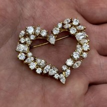 Vintage Sterling Silver 925 Gold Wash Tone Heart Brooch Pin Crystal Rhinestones - £39.44 GBP