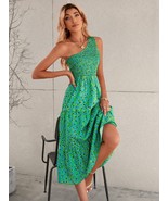 Maxi Green Stretch Dress Floral One Shoulder Ruched Flare Summer Size XS S - $37.79 CAD