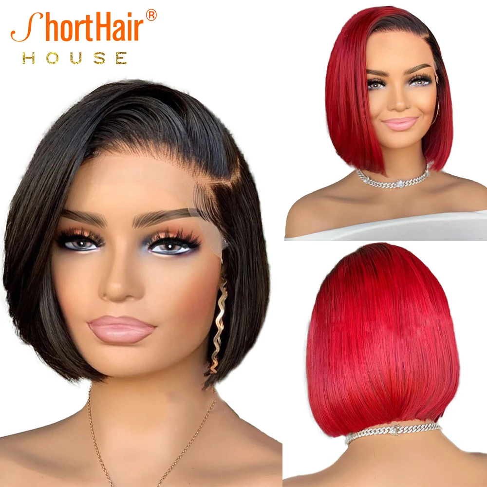 Black Red Color Pixie Cut Wig Short Bob Wigs Straight Human Hair Wigs For Wom - £47.89 GBP+