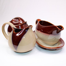 Sango Nova Brown Drip Glaze Pottery Creamer Sugar Bowl &amp; Gravy Bowl Bottom Plate - $28.84