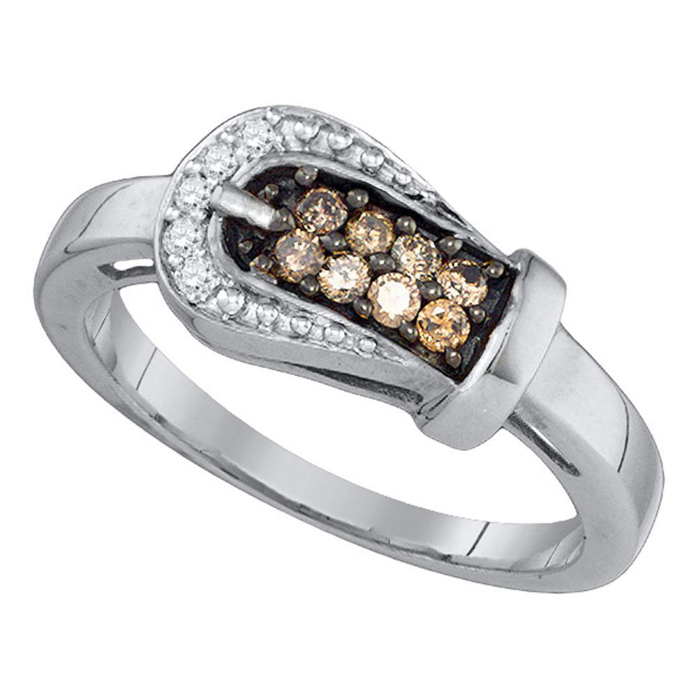10k White Gold Round Brown Color Enhanced Diamond Belt Buckle Band Ring 1/4
