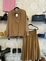 VINCE Camel 100% Silk String Tie V Neckline Blouse &amp; A-Line Skirt Set Sz L $690 - £237.32 GBP