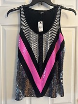NWT Express Black Sequin Tank Top Small S Club Wear Pink Sparkle V Tank Top (D4) - £21.36 GBP