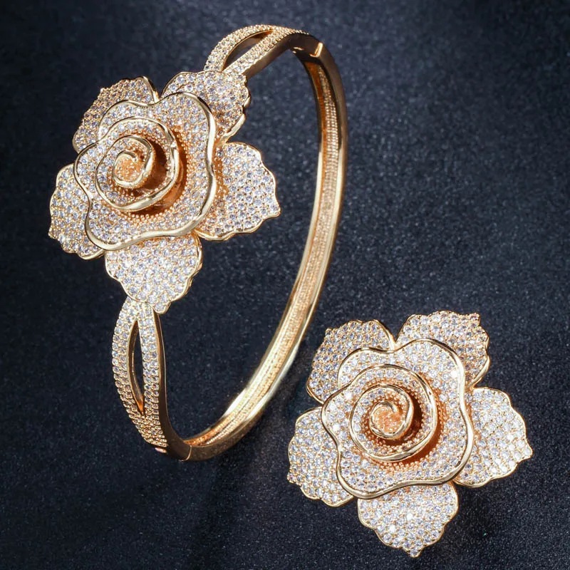 High Quality AAA+ Cubic Zirconia Mirco Pave Sparkling Big Flower Shape Bangles A - £40.00 GBP