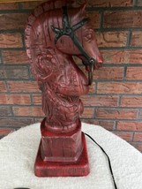 Vintage Holland Mold Horse Working Table Lamp Burlap Shade Hitching Post Maroon - $166.25