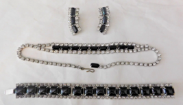 Kramer Bracelet &amp; Unsigned Beauties Necklace Earrings Vtg Black &amp; Clear Rs Set - £62.97 GBP