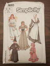 Simplicity #7650 Girl costume Witch/Angel/FarmGirl/Pioneer/Pilgrim sz6-8 ©1986 - £4.65 GBP