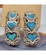 TRIFARI Faux Crushed Turquoise Vintage Pierced Silver Tone Earrings Hearts - £23.41 GBP