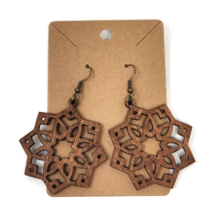 Filigree Star Mandala Hook Earrings - Handmade Laser Cut Wood Dangle - 1 Pair - £7.90 GBP