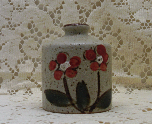 Vintage Stoneware Hand Painted Orange Flower Mid Century Bottle Vase - $9.80