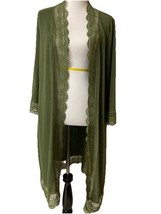Tickled Teal Duster Womens Sz Large Green Lace Crochet Trim Tunic Long C... - $351.16 MXN
