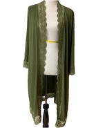 Tickled Teal Duster Womens Sz Large Green Lace Crochet Trim Tunic Long C... - $18.88