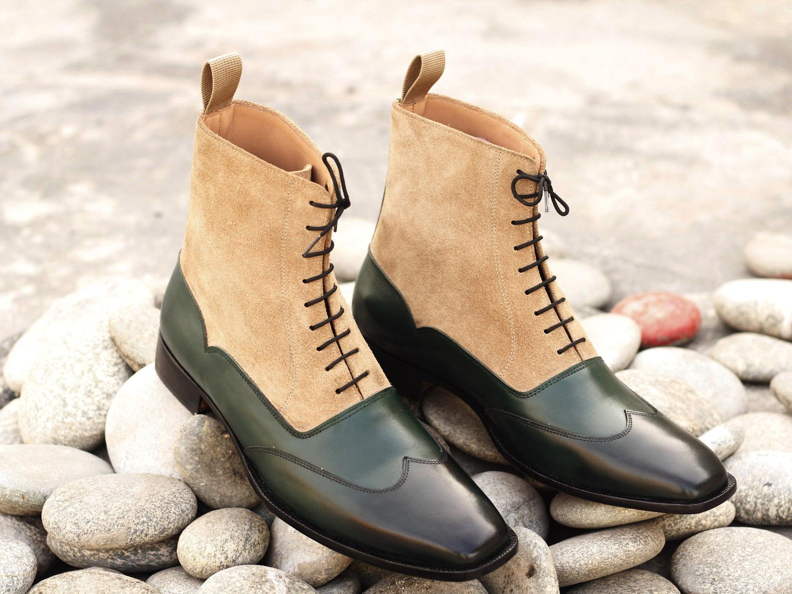 Handmade Men's Green Leather Beige Suede Wing Tip Boots, Men Fashion Ankle Boots