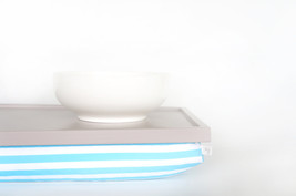 Serving tray, pillow desk- soft grey with aqua blue and white stripped elastic f - £47.27 GBP