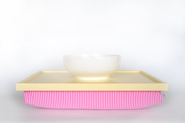 Serving tray, laptop riser- pastel yellow with pink and white stripped elastic f - £43.16 GBP