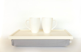 Laptop Lap Desk or Breakfast serving Tray - Off White with Grey linen/ cotton mi - $60.00