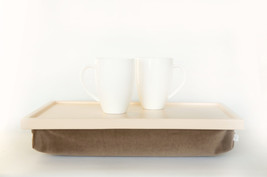 Velvet pillow Breakfast serving or Laptop Lapdesk- pastel peach with taupe light - $65.00