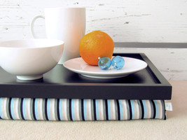 Laptop Lap Desk or Breakfast serving Tray - Black with Aqua and Grey str... - $60.00