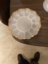 Vintage Milk Glass with Gold Trim Deviled Egg Dish Plate Tray 10" Anchor Hocking - £11.21 GBP