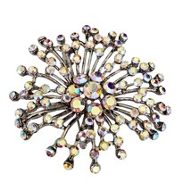 Aurora Borealis Floral Glass Stone Brooch Pin &amp; Necklace Pendant Silvertone - £19.18 GBP