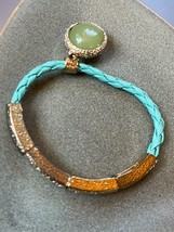 Braided Aqua Cord w Goldtone Curved Links &amp; Green Round Charm Stretch Bracelet – - $9.49