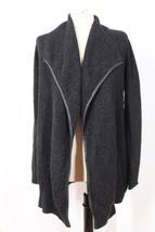 Vince XS Black Wool Cashmere Open Drape Rib Tunic Cardigan Sweater Leather Trim - £37.63 GBP