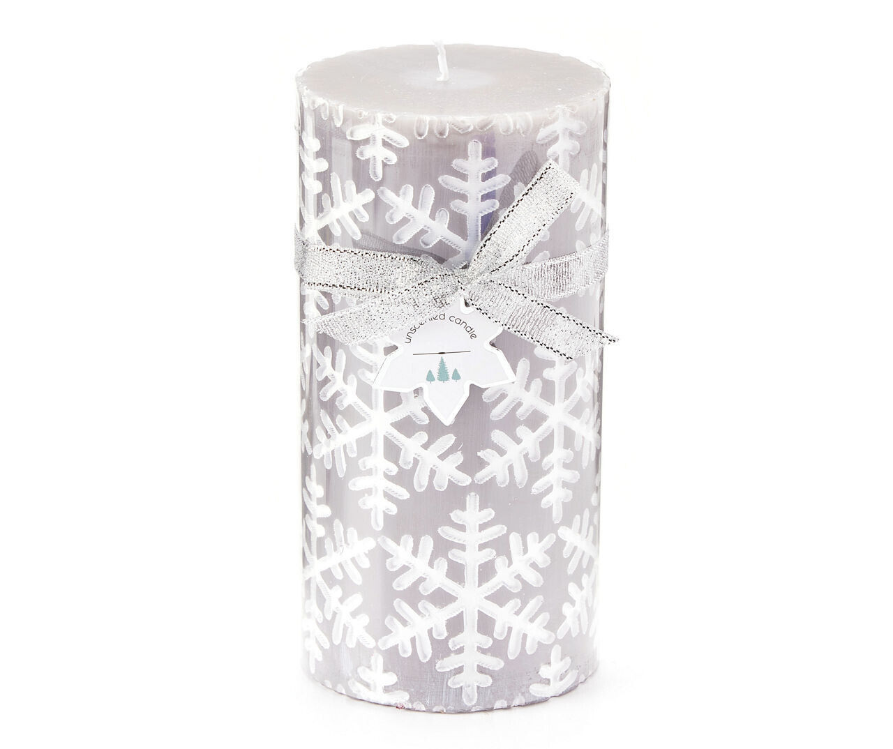 Primary image for NEW Silver & White Snowflake Pillar Candle 6 in. single wick  50 hr. burn time